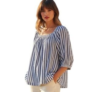 NWT Cafe Marrakesh Blue White Stripe Eyelet Elbow Length Square Neck Shirt Boho